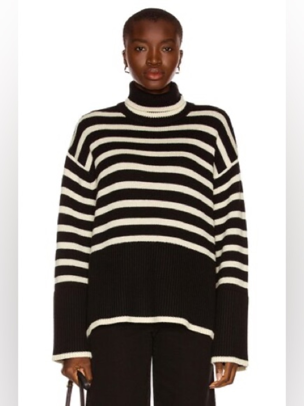 TOTEME Signature Striped Wool Blend Turtleneck Sweater Black Beige M Retail $570